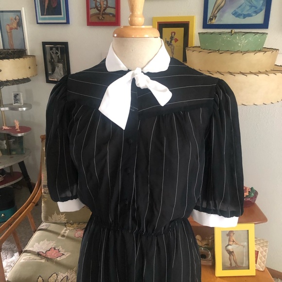 SOLD Vintage 1940s Style Dress Black White Stripe Sheer S M Rockabilly Pinup - Picture 3 of 6